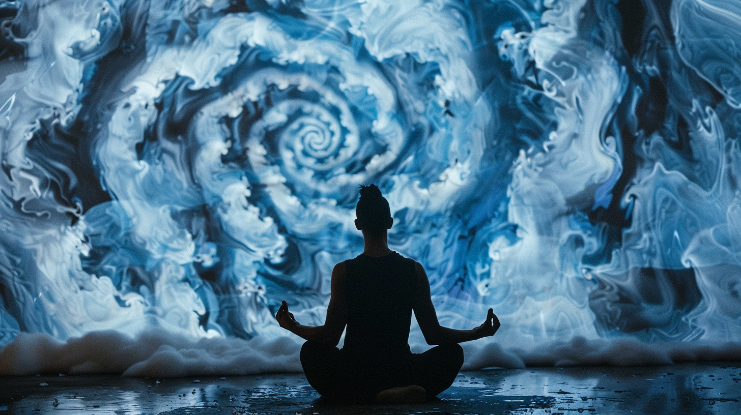 Meditating figure on swirling background